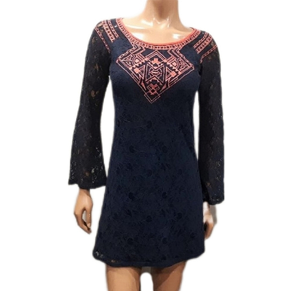 FLYING TOMATO Boho Bell Sleeve Lace Mini Dress Sheer Festival Flare 70s Vibe